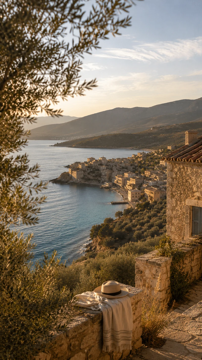 Ελληνική ακτή με ελαιώνες, μικρό χωριό και γαλάζια θάλασσα