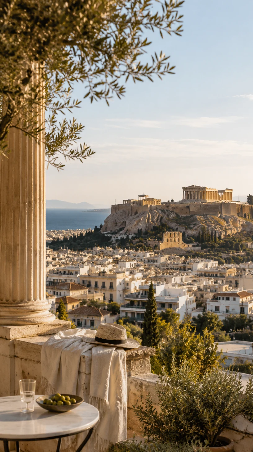 Στυλιζαρισμένη θέα της Αθήνας με αρχαίους κίονες, γαλάζιο ουρανό και χρυσό φως