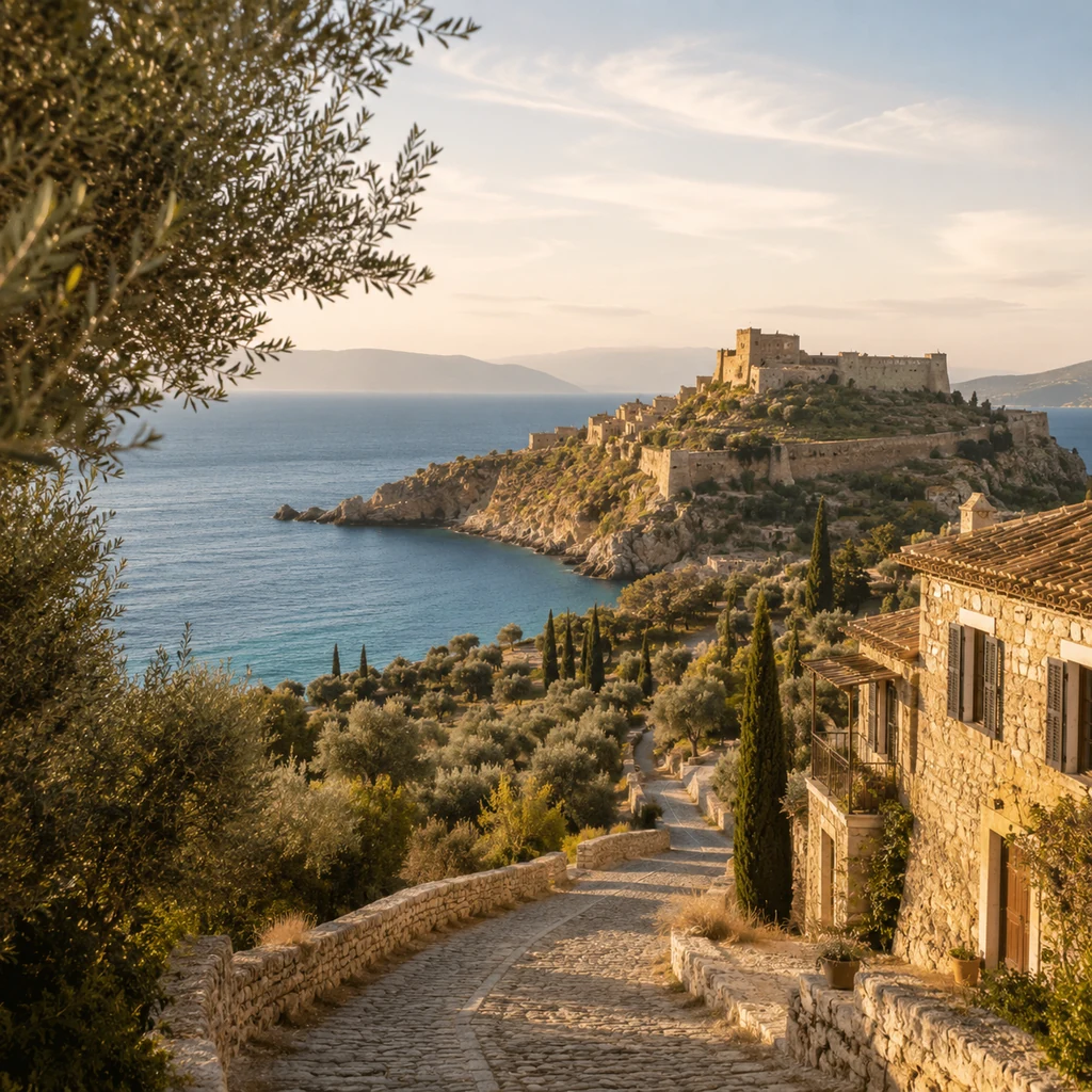 Πελοπόννησος με ελαιώνες, κάστρο και γαλάζια ακτή