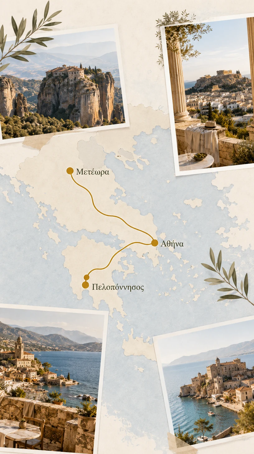 Χάρτης διαδρομής στην ηπειρωτική Ελλάδα με στάσεις σε Αθήνα, Μετέωρα και Πελοπόννησο